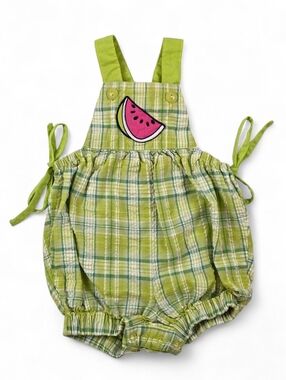 Y2K Watermelon Applique Plaid Green Bubble Romper Baby Girl 6-9M Summer Picnic